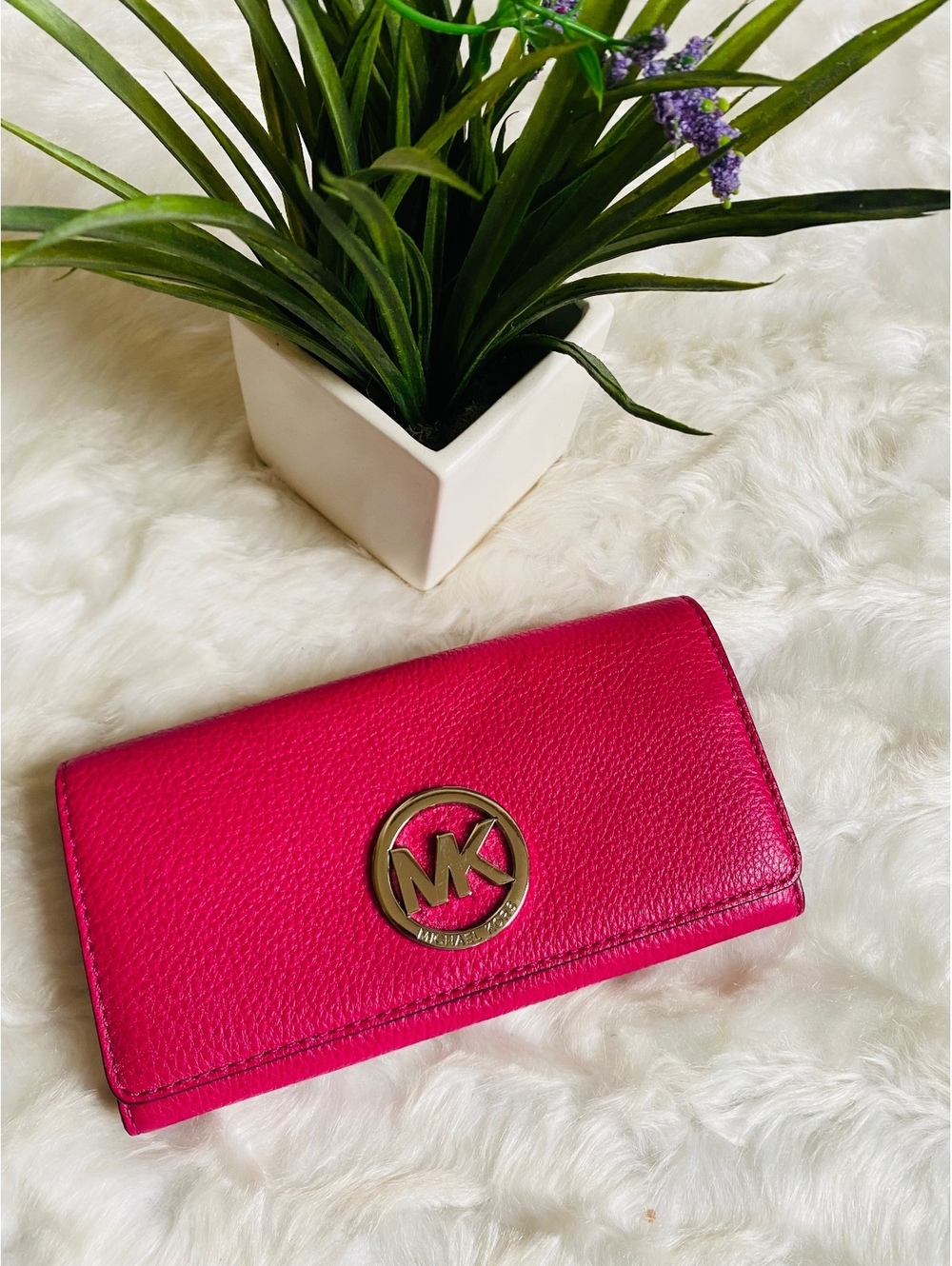 Michael Kors Pink Leather Wallet Gold MK Logo Snap Closure